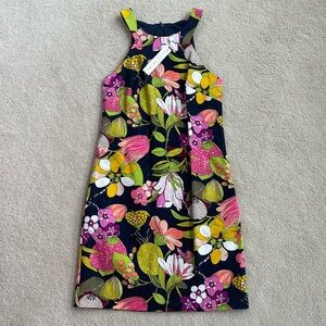 Trina Turk Navy Floral Halter A-Line Dress - Pink Yellow Green White